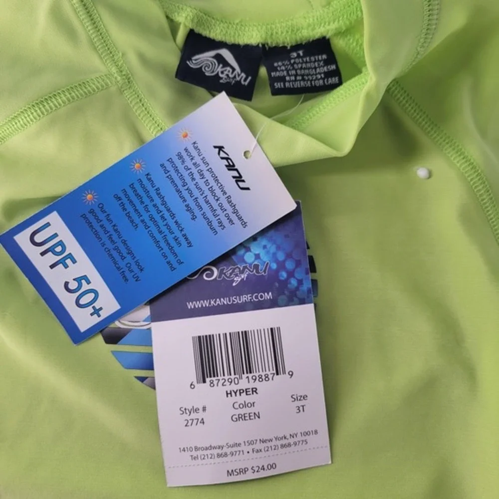 Kanu Kids Hyper Green Long Sleeve Rash Guard‎ UPF 50 Size 3T Sun Protection